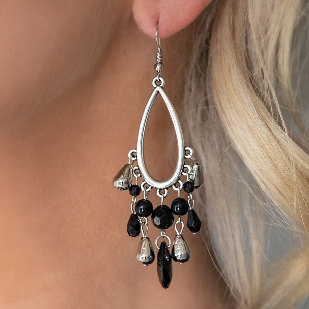 Silver tear drop with silver and black bead dangles earrings